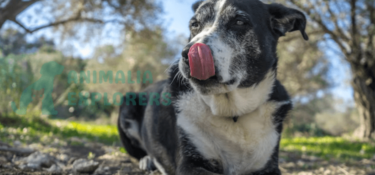 "Shallow focus shot of an old dog peacefully resting on the ground while licking its nose."